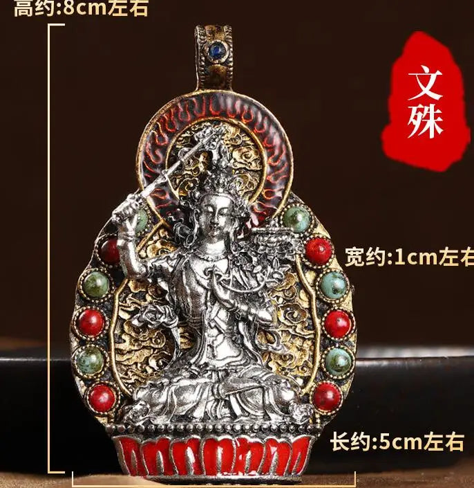Tibet Buddhism Bronze Turquoise Silver Wenshu Manjushri Guan Yin Pendant Statue