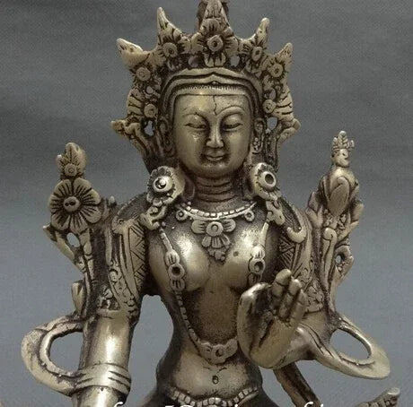 Tibet Silver Buddhist Joss Protect Set Lotus 7 Eyes White Tara Buddha Statue