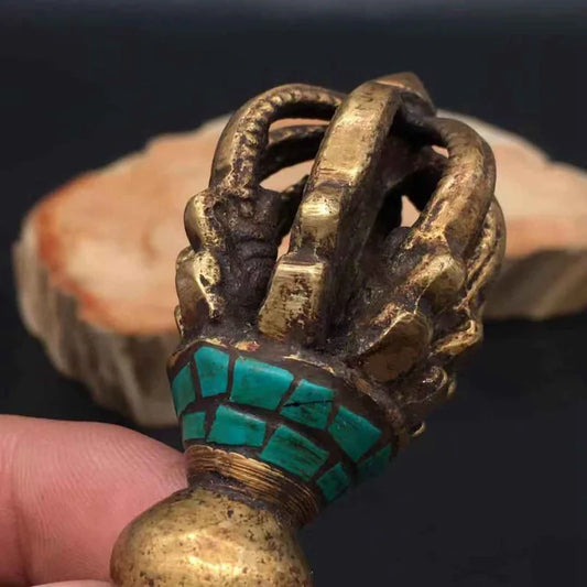 Tibetan Buddhism Bronze Turquoise Buddhist Ritual Tool Hand Vajra Dorje statue