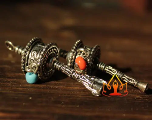 Tibetan Tibet Buddhist DIY Mini Gem OM Prayer Wheel Amulet Pendant 2PCS