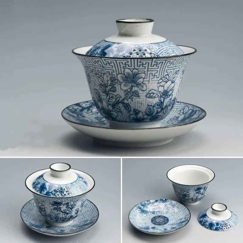 Traditional Blue and White Porcelain Gaiwan Travel Tea Bowl Handmade Ceramic Teacup Home Teaware Accessories Drinkware 160ml