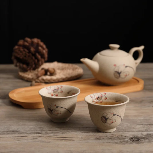 Traditional Chinese Teapot and Teacup Set with Wooden Tray Handmade Pottery Kung Fu Tea Set Ceramic Teaware