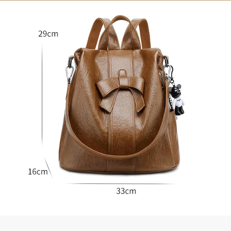Trend Anti-theft Women's New Shoulder Korean Fashion PU Leather Multifunctional Cute Bow Backpack Travel Bag