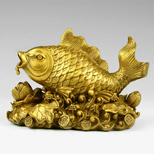Vintage Asian Gilded Bronze Lucky Fish and Lotus Figurine Statue