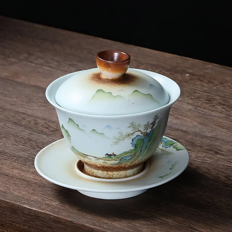 Vintage Ceramic Tea Tureen Hand Painted Landscape Gaiwan Home Pottery Tea Cup Chinese Teas Set Accessories Table Supplies