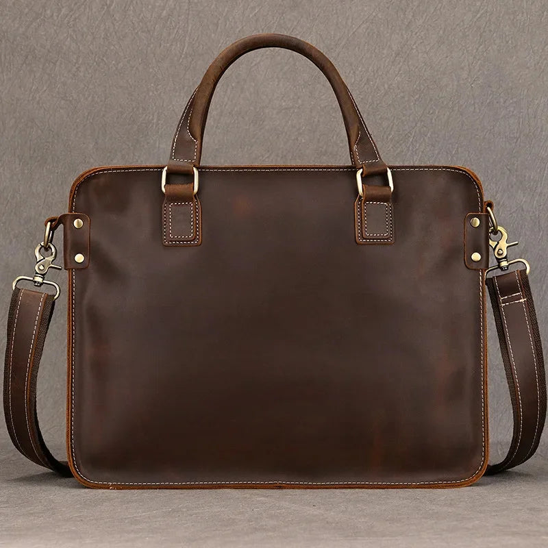 Vintage Crazy Horse Leather Men's Briefcase Business Handbag Large Capacity Male Shoulder Messenger Fashion 14 "Laptop Bag B