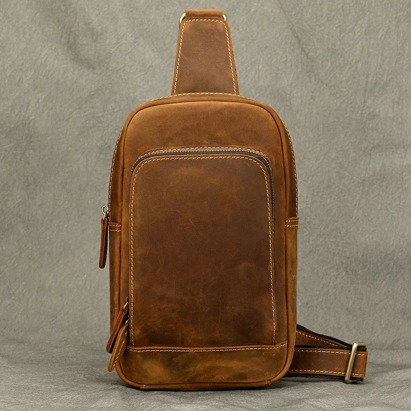 Vintage Crazy Horse Men's Chest Genuine Leather Male Shoulder Crossbody Large Capacity Sling Bag