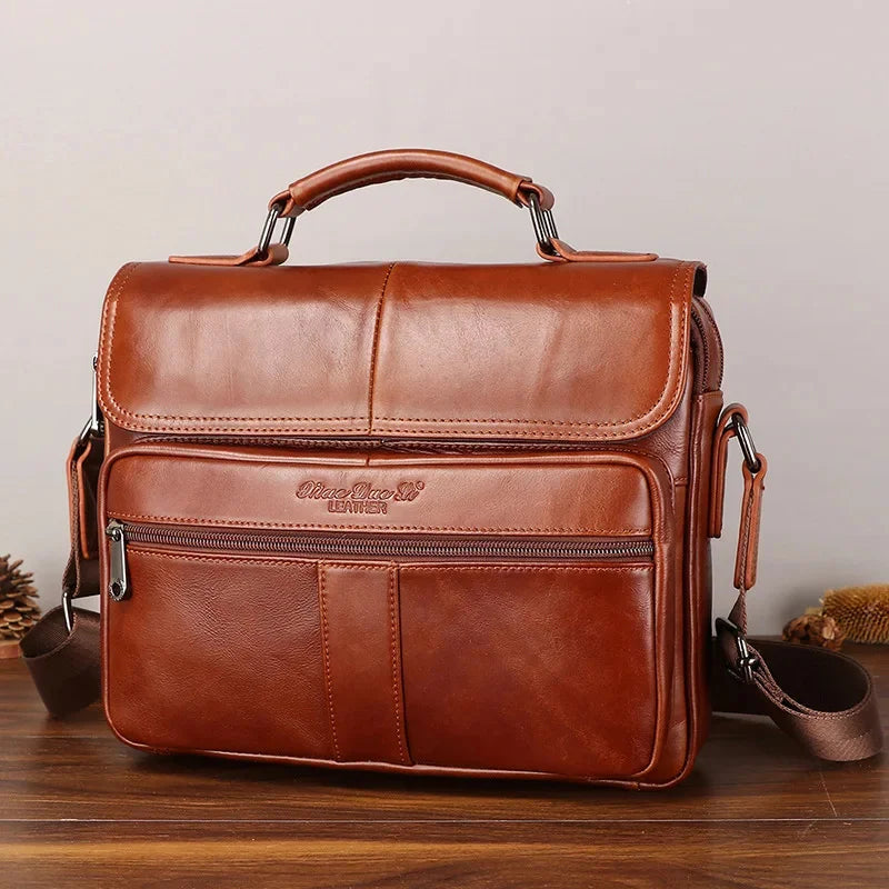 Vintage Genuine Briefcase For Men Cow Leather Male Shoulder Messenger Large Capacity Handbag Luxury Man File Bag
