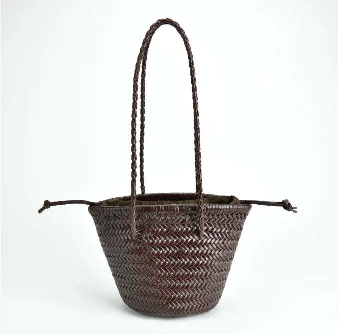 Vintage Genuine Leather Hand Bags Tote Top Quality Women Weave Basket Shopping Bags Travelling Beach Hobos Handbag