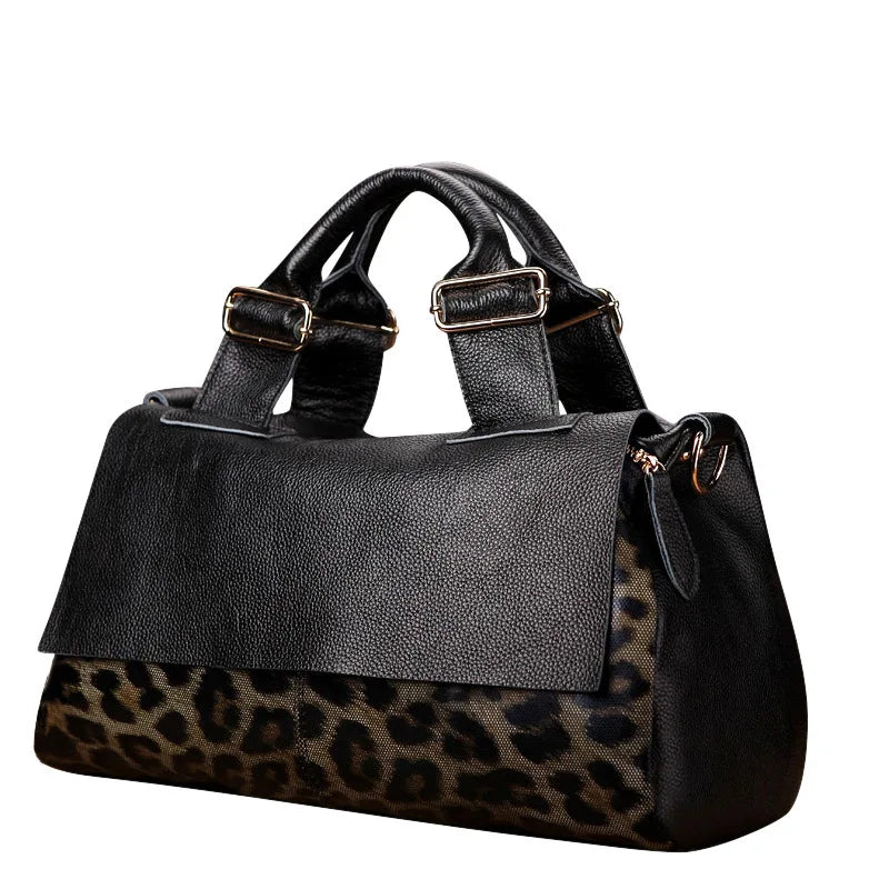 Vintage Genuine Leather Large Capacity Bags Feo Women 2024 New Fashion Leopard Print Patchwork Handbags Soft Commuter Purses