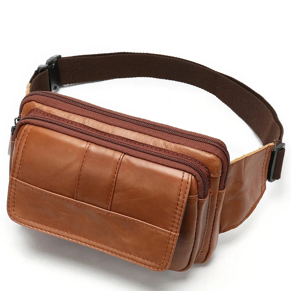 Vintage Genuine Leather Men Cowhide Chest Fanny Pack Business Male Shoulder Crossbody Casual Waist Bag