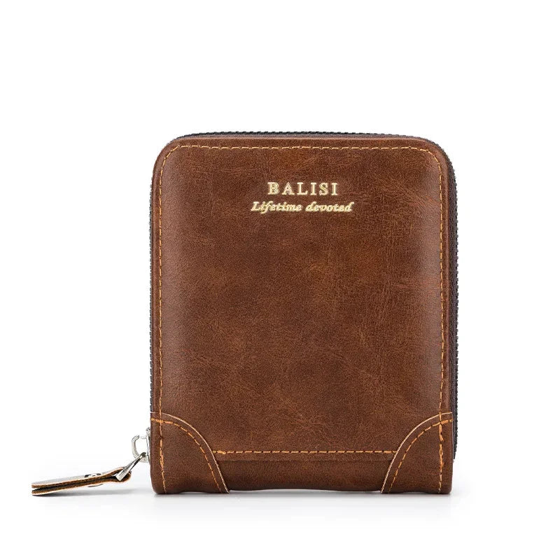 Vintage Leather Men's Wallet Business Zipper Coin Purse Large Capacity Card Holder Multi-Function Male Short Money Clip