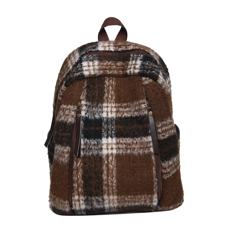 Vintage Plaid Woollen Cloth Women's Backpack Student Book Backpacks for Teenage Girls School Bags Large CapacityTravel Rucksack