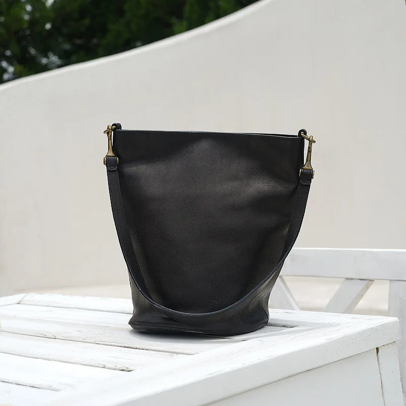 Vintage Solid Genuine Leather Women Fashion Shoulder Bag Simple Soft Bucket Bags High Quality Designer Large Capacity Purse