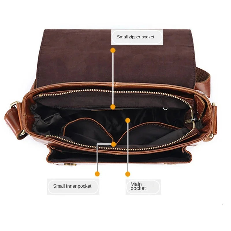 Vintage genuine leather men's shoulder oil wax cowhide crossbody large capacity male messenger bag