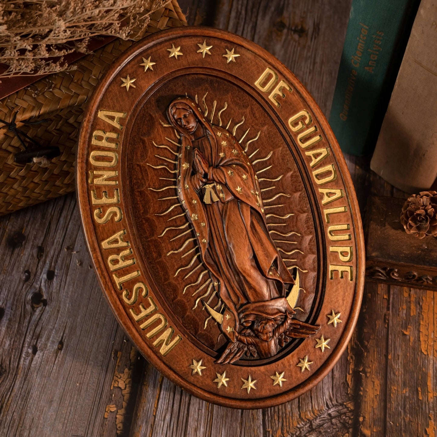 Virgin Mary of Guadalupe Statue Solid Wood Wood Carving Home Church Catholic Religious Wall Decor Christian Gift