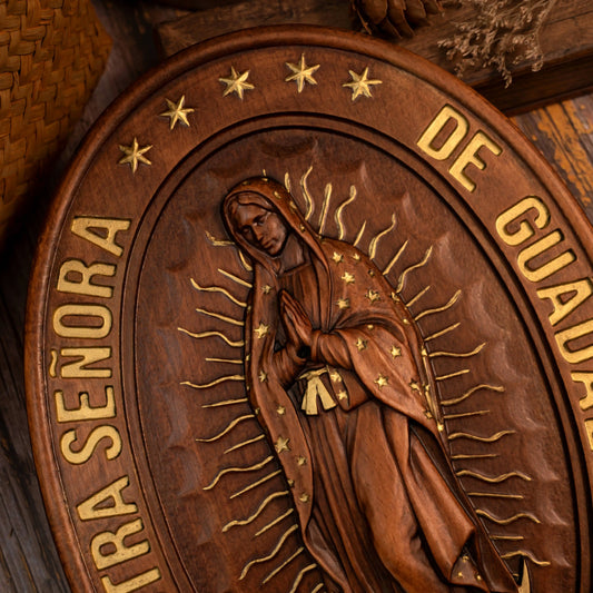Virgin Mary of Guadalupe Statue Solid Wood Wood Carving Home Church Catholic Religious Wall Decor Christian Gift