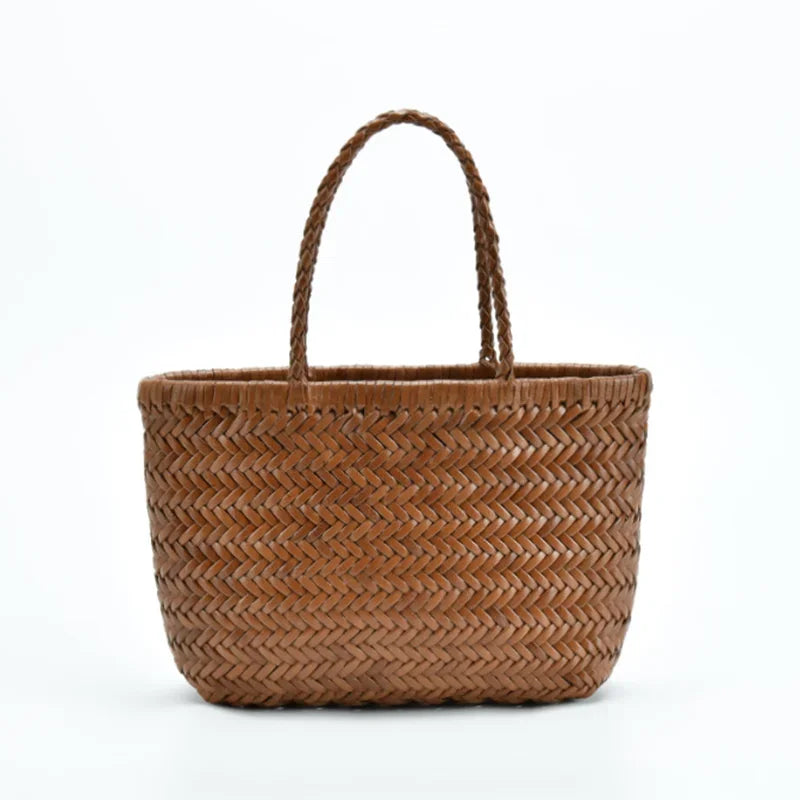 Weave Genuine Leather Handbag Feminine Handmade Woven Bucket With Cotton Pockets Casual Knitting Leather Shopping Bags