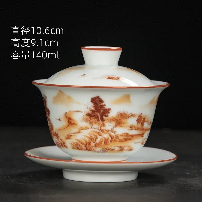 White Chinese Style Sancai Gaiwan Tea Cup, Single Manual Painting, Golden Porcelain Brewing Bowl with Cover, Non-Scald Household