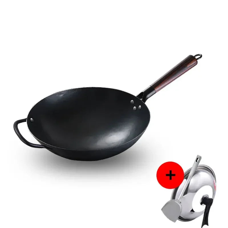 Wok Burner Traditional Authentic Hand Hammered Carbon Steel Round Bottom Stir Fry Pans Birch Handle Wok Pan