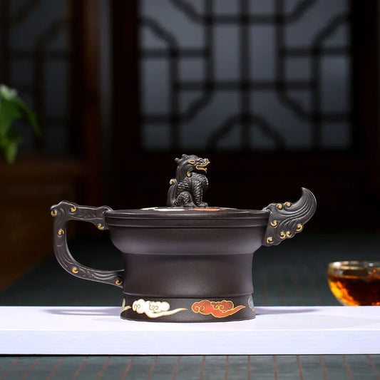 Wolong Xiangyun Purple Clay Pot Factory Direct Sales Changyue Red Full Modeling Clay Painted Teapot Tea Set Raw Ore Black Clay P