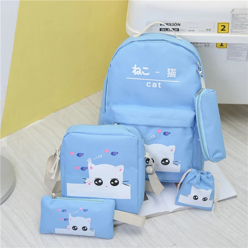 Women Backpack Cat Printing Oxford School Bags For Teenager Girls Preppy Style 5 Set/PC Rucksack Cute Book Bag Mochila Feminina
