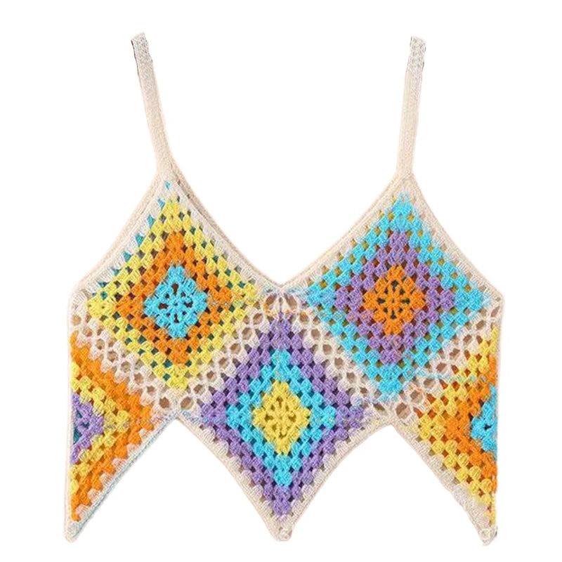 Women Boho Crochet Knit Sleeveless Camisole Multicolor Rhombus Plaid Sexy V Neck Crop Top Irregular Hem Slim Beach Vest
