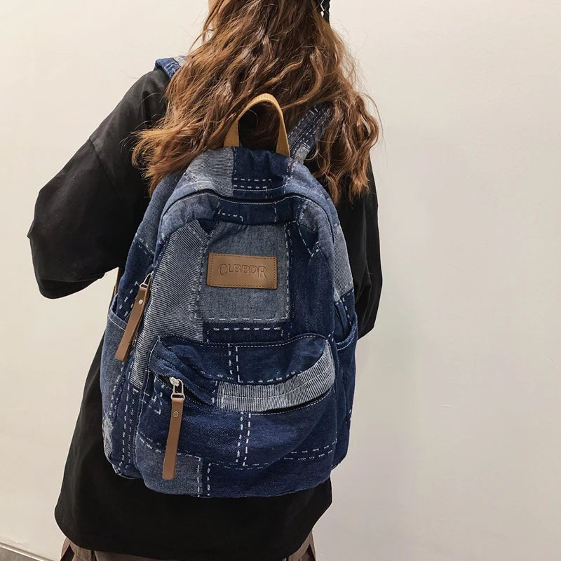 Women Canvas Vintage College Backpack Cool Lady Retro Female Laptop Book Bag Fashion Girl Patchwork Travel School Bags Trendy