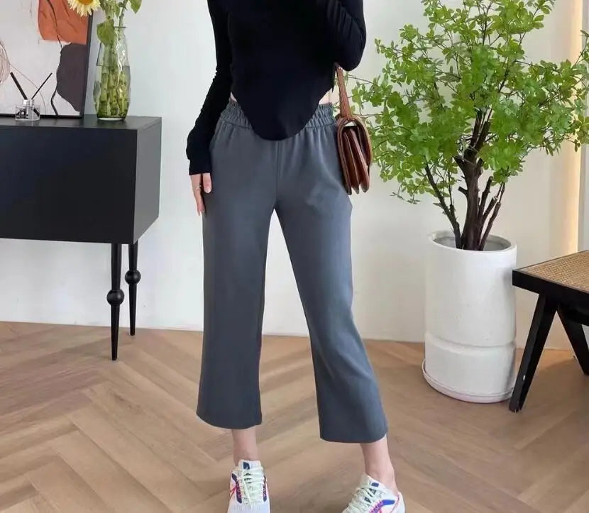 Women Capris Women Pants Solid Color Loose Double Pocket Calf-Length Pants Streetwear 24''