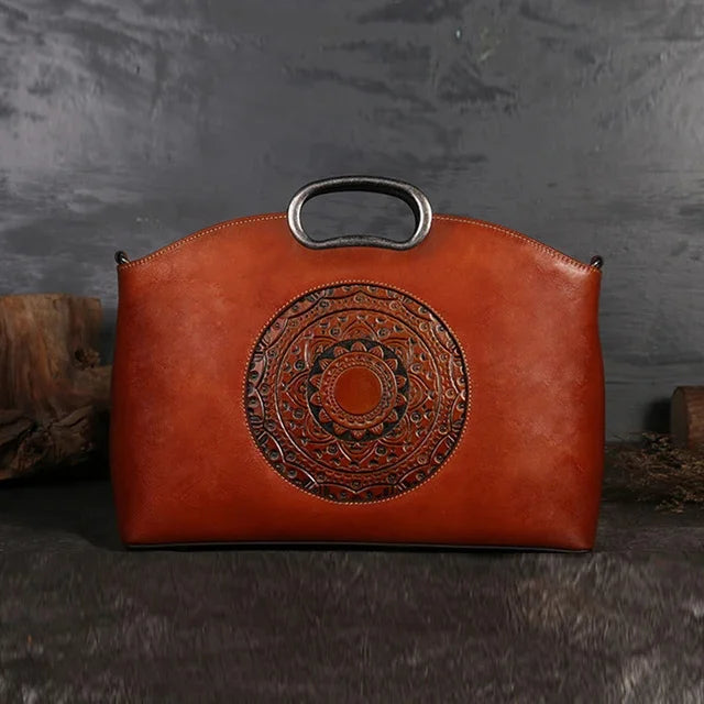 Women Cross body Messenger Shoulder Tote Bags Genuine Leather Totem Pattern Embossed Female Real Cowhide Top Handle Bag Handbag