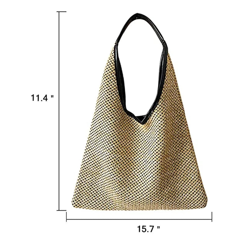 Women Hand-woven Straw Shoulder Bag Boho Black Leather Top Handle Tote Retro Summer Beach Bag Holiday Travel Handbag