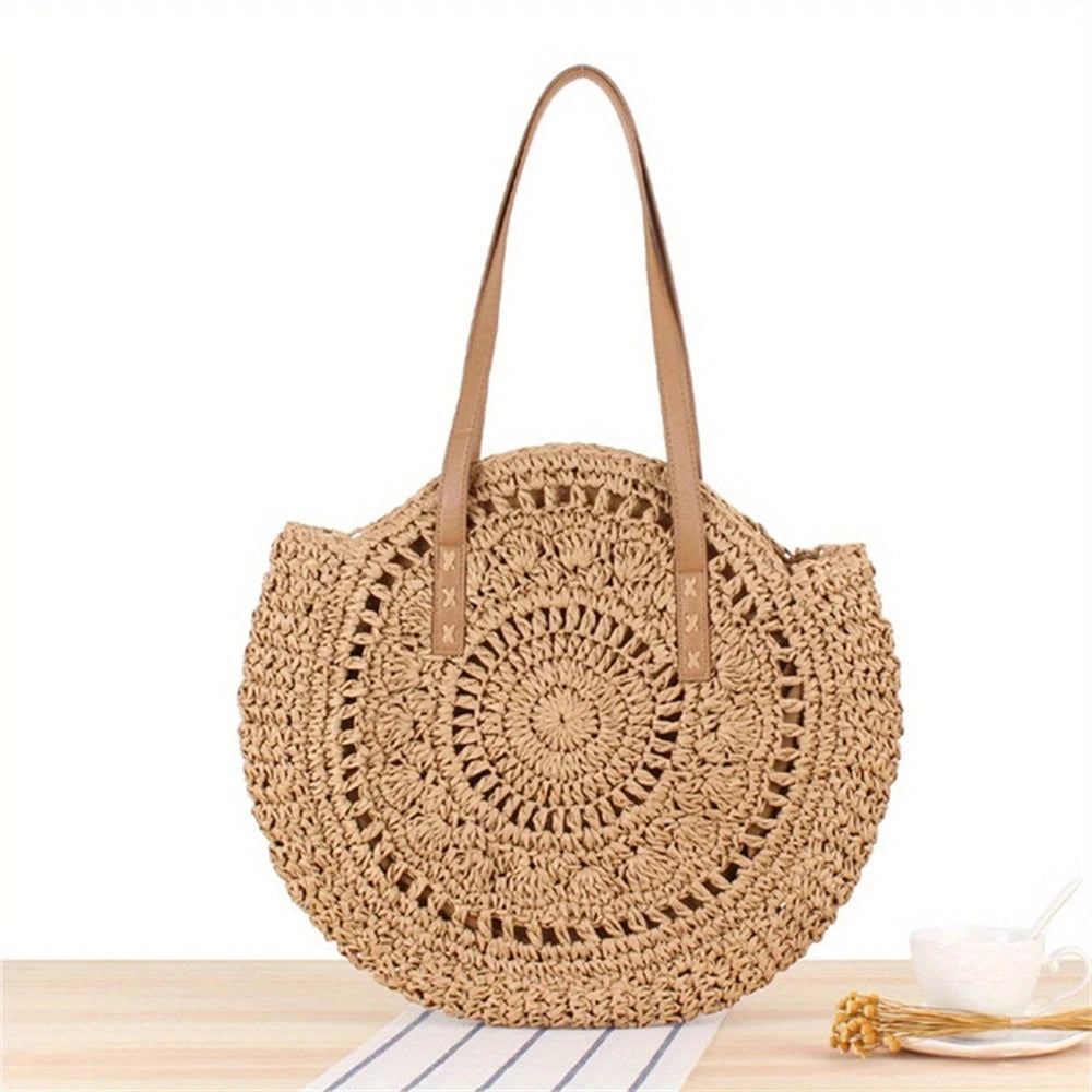 Women Handmade Woven Totes Bag Summer Beach Round Straw Bags for Women Rattan Shoulder Female 2023 Message Handbag