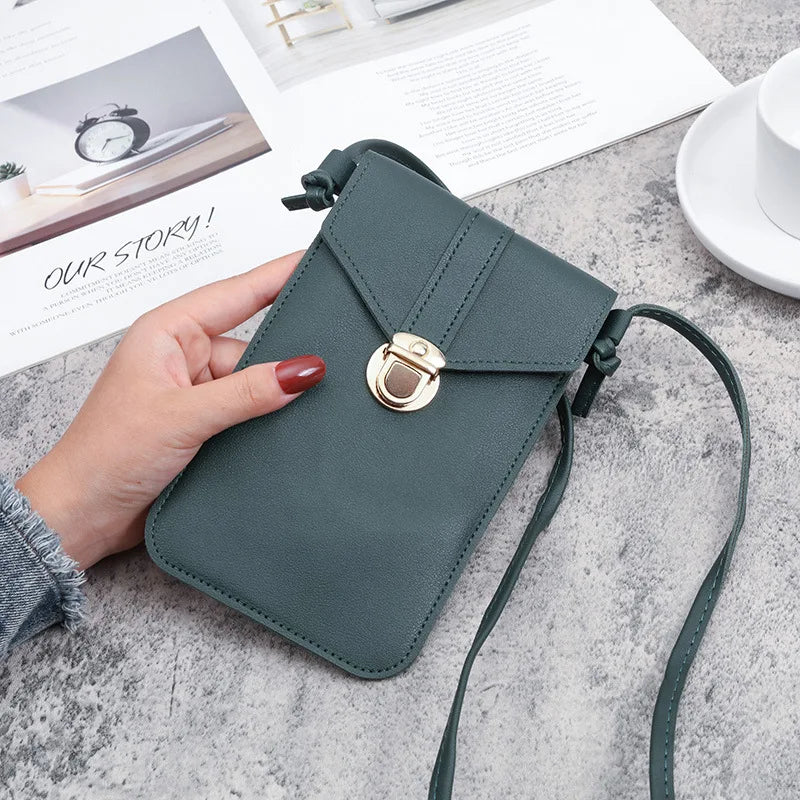 Women Mini Lock Mobile Phone Bag PU Leather Touch Screen Crossbody Wallets Female Retro Student Buckle Shoulder Bag and Purse