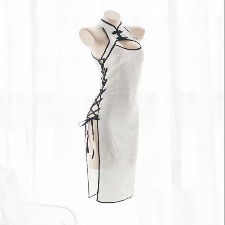 Women Sexy Split Bandage Long Qipao Ladies Chinese EmbroideryTraditional Cheongsam Slim Fit Open Chest Dresses Uniforms Outfit