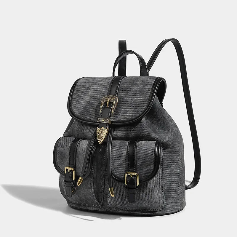 Women's American Retro Denim Bag High Quality Old Commuting 2024 New College Style Versatile Small Backpack for Women