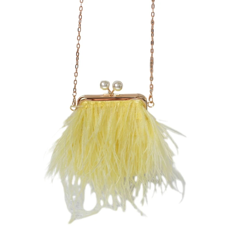 Women's Evening Bag Plush Feather Clutch Purse Mini Crossbody Bag Evening Handbag with Detachable Chain for Prom Party