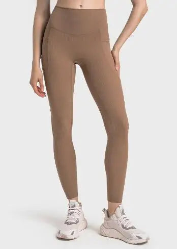 Women's High Waist Elastic Slimming Ribbed Pants Pocket Pants