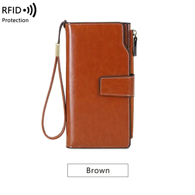 Women's PU RFID Anti-theft Brush Long Oil Wax Leather Retro Wallet European And American Large Capacity Handbag