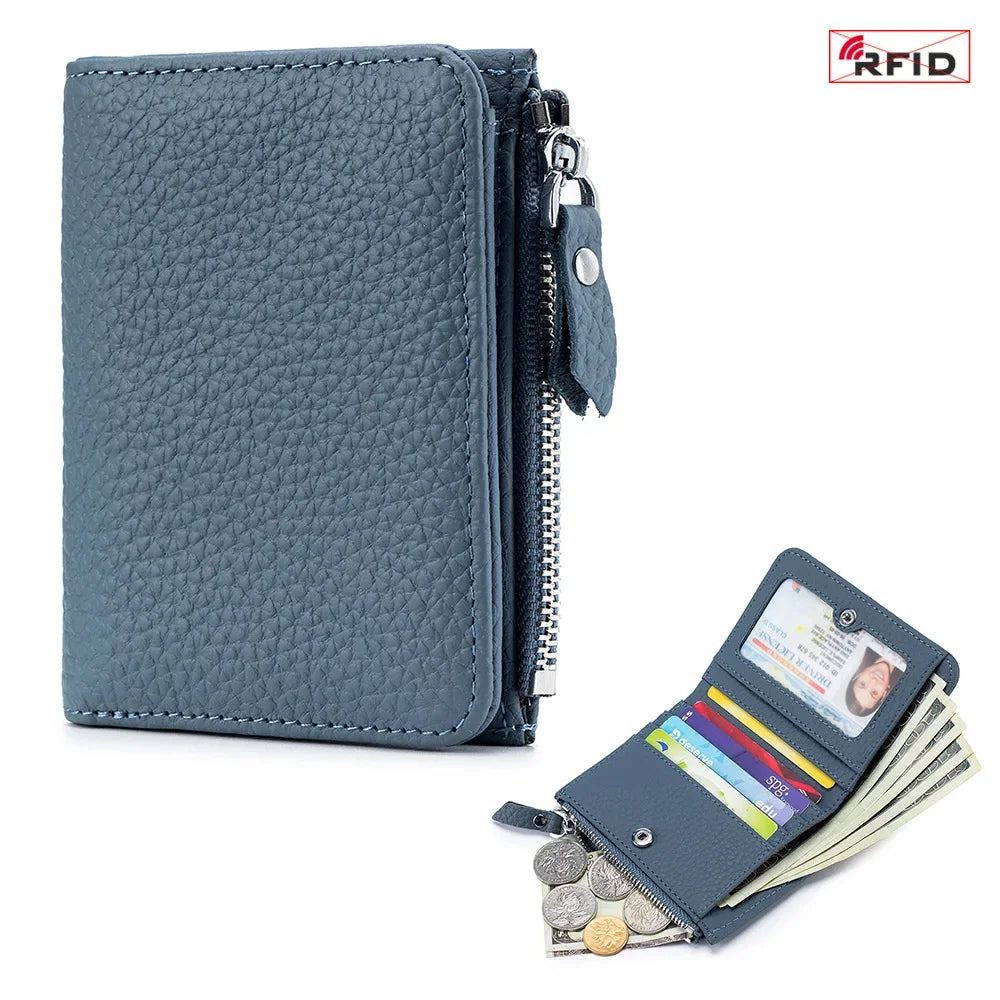 Women's RFID Blocking Leather Compact Bi-fold Wallet for Woman Zipper Coin Pocket Small Ladies Purse with ID Window