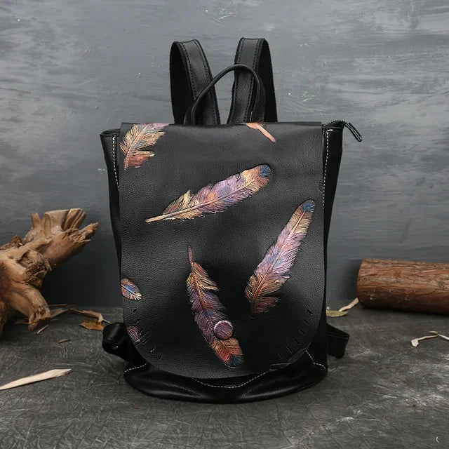 Women's Retro Luxury Genuine Leather Bag For Women Vintage Embossed Cowhide s Leisure Feather Backpack Ladies