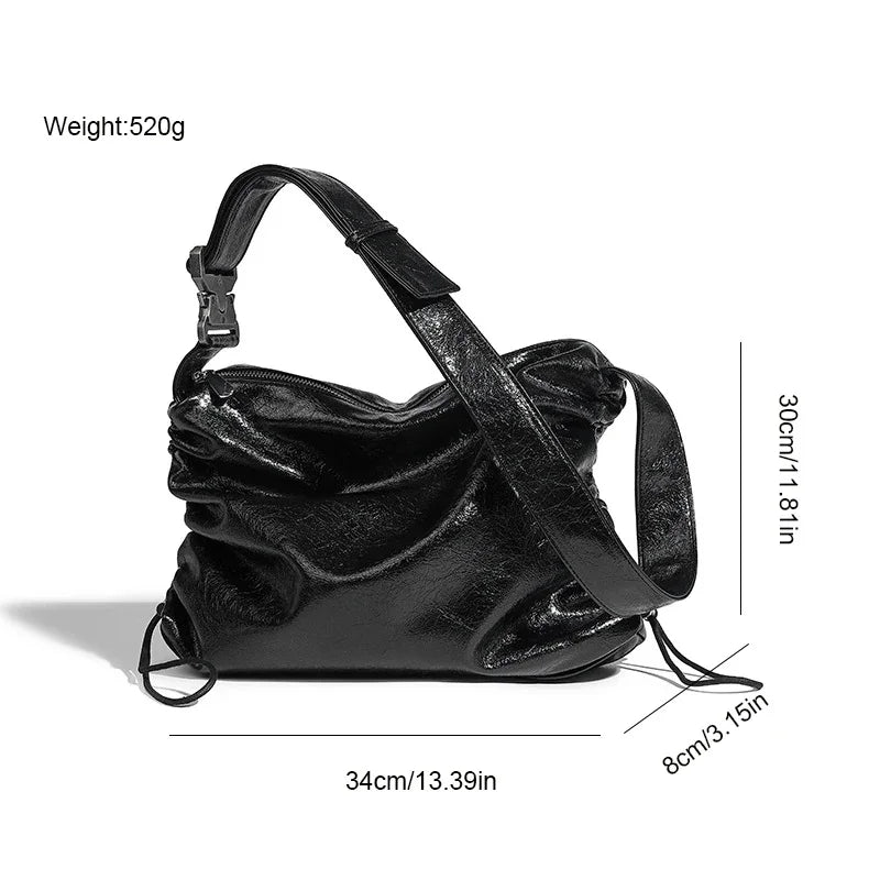 Women's Tote Retro Casual Pleated 2024 Oil Wax Leather Large Capacity Underarm Niche Design Drawstring Crossbody Bag