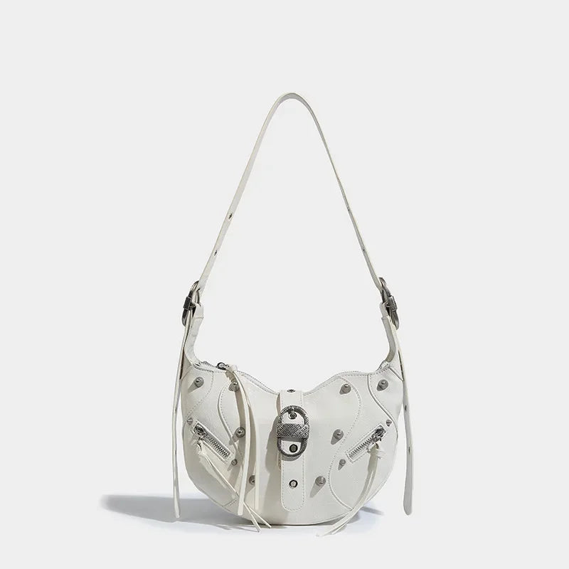 Women's waxed leather motorcycle armpit high quality crescent uette 2024 fashion rivet hand shoulder crossbody bag