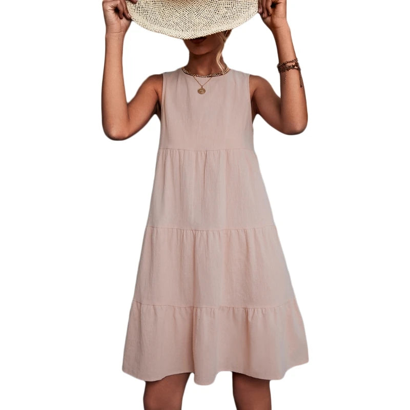 Womens Swing Dress Sleeveless Round Neck Dress Summer Casual Loose Flowy Swing Dresses Cute Cover up Dress