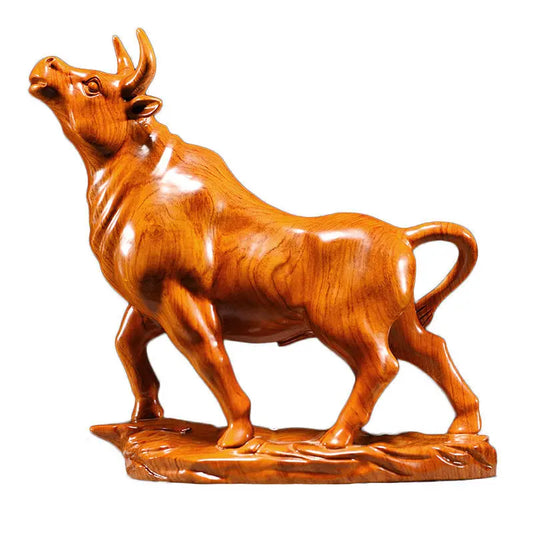 Wood Carving Bull Figurine Animal Cattle Statue Sculpture Room Decor Ornament Office Home Decoration Accessories