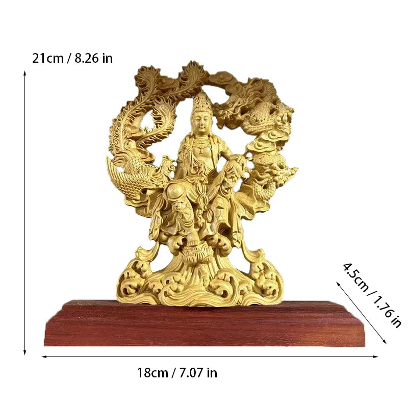 Wood Carving Dragon And Phoenix Guanyin Character Statue Solid Wood Carving Arthome Home Room Office Feng Shui Buddha Statues