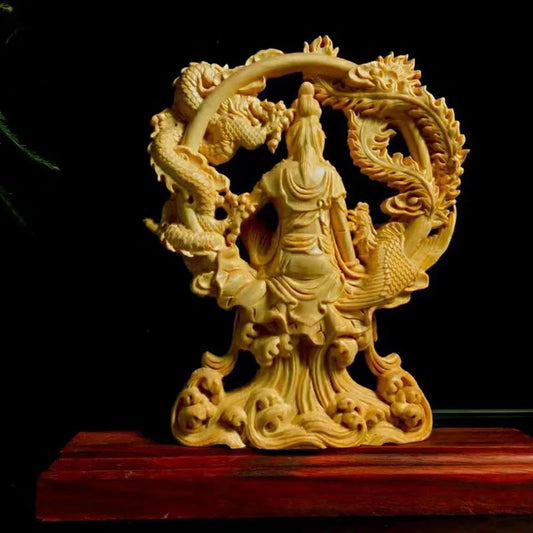 Wood Carving Dragon And Phoenix Guanyin Character Statue Solid Wood Carving Arthome Home Room Office Feng Shui Buddha Statues