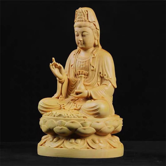 Wood Carving Guanyin Bodhisattva Figurine Buddha Sculpture Lucky Crafts Avalokitesvara Statue for Home Living Room Decoration