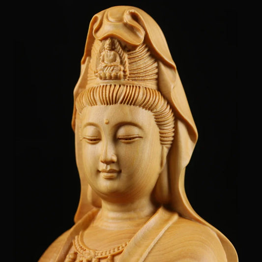 Wood Carving Guanyin Buddha Decorative Figures Statue Chinese Feng Shui Buddha Home Living Room Office StatueFree Delivery