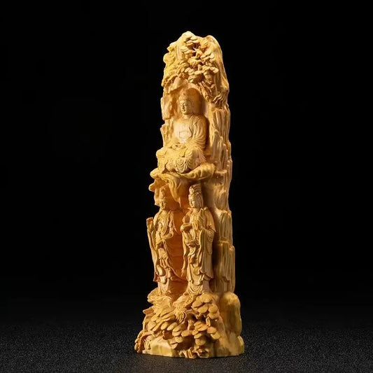 Wood Carving The Three Saints Buddha Figurine Room Decor Amitabha Guanyin Statue Sculpture Carving Crafts Ornament Gift
