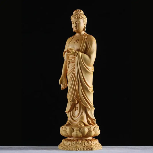 Wood Carving the Buddha Figurine Amitabha Statue Sculpture Home Living Room Decoration Buddhist Supply Art Crafts Ornament